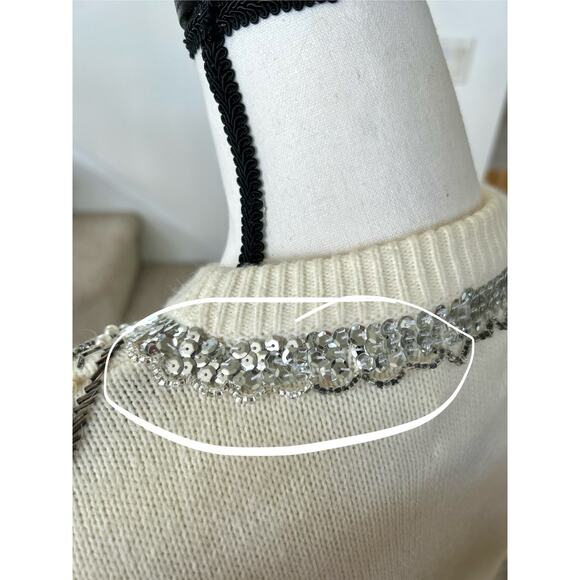 Vintage Cream Crewneck Silver Beaded Bow Sweater - Picture 3 of 8